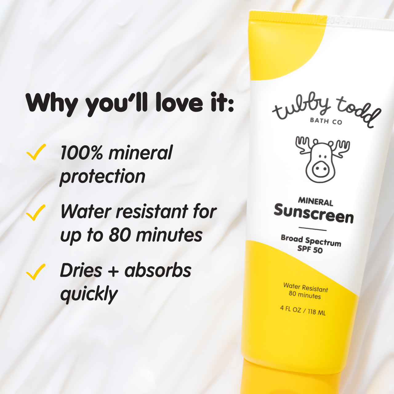 Tubby Todd sunscreen tube with features listed on a white background